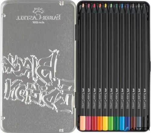 Színes ceruza készlet, háromszögletű, fémdobozban, FABER-CASTELL "Black Edition",  12 különböző szín