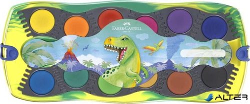 Vízfesték, 12 darabos, összeilleszthető, FABER-CASTELL 'Dinoszaurusz'+1 tubus fehér tempera + dinoszaurusz matrica