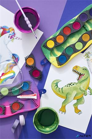 Vízfesték, 12 darabos, összeilleszthető, FABER-CASTELL 'Dinoszaurusz'+1 tubus fehér tempera + dinoszaurusz matrica