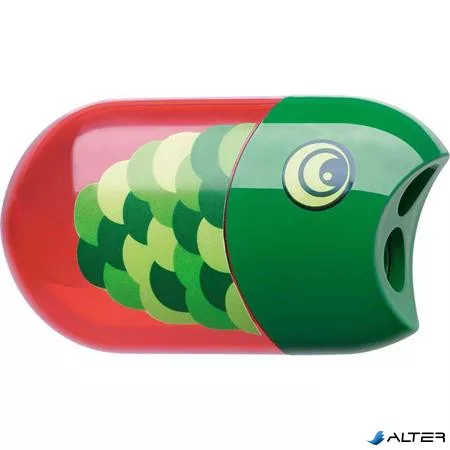 Hegyező és radír, kétlyukú, tartályos, FABER-CASTELL, hal minta