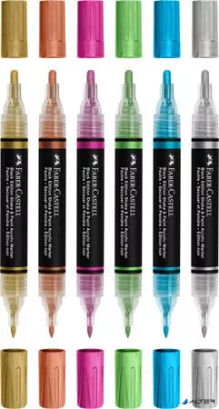Dekormarker készlet, 1,0/3,0 mm, kétvégű, akril, FABER-CASTELL 'Shake&Paint', 6 különböző metál szín