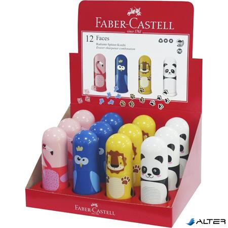 Hegyező, egylyukú, tartályos, radírral, display, FABER-CASTELL "Faces", vegyes minták