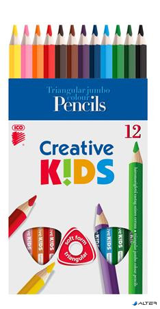 Színes ceruza készlet, háromszögletű, vastag, ICO 'Creative kids', 12 különböző szín