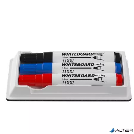 Tábla- és flipchart marker készlet tartóban, 1-3 mm, kúpos, ICO "11 XXL", 3 különböző szín +táblatörlő