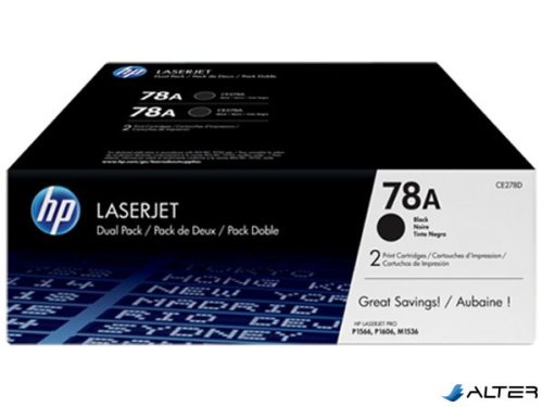 CE278AD Lézertoner LaserJet P1566, P1606 nyomtatókhoz, HP CE278AD fekete, 2*2,1k