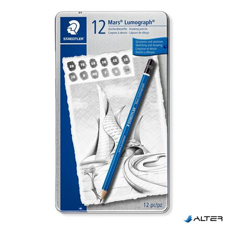 Grafitceruza készlet, fém doboz, hatszögletű, STAEDTLER 'Mars Lumograph 100', 12 különböző keménység