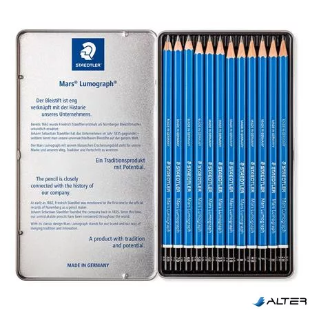Grafitceruza készlet, fém doboz, hatszögletű, STAEDTLER 'Mars Lumograph 100', 12 különböző keménység