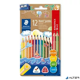   Színes ceruza készlet, háromszögletű, vastag, hegyezővel, STAEDTLER "Noris® Jumbo 128", 10+2 különböző szín