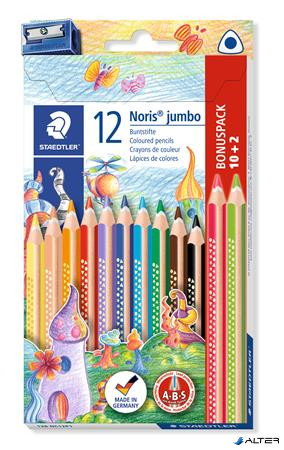 Színes ceruza készlet, háromszögletű, vastag, hegyezővel, STAEDTLER 'Noris® Jumbo 128', 10+2 különböző szín