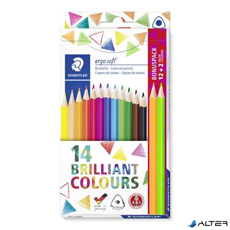 Színes ceruza készlet, háromszögletű, ajándék 2 db színes ceruzával, STAEDTLER "Ergo Soft", 14 különböző szín