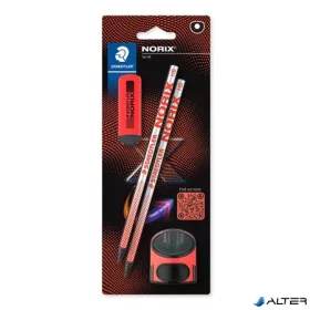   Grafitceruza készlet, hegyezővel, radírral, HB, STAEDTLER "Norix® 181", piros