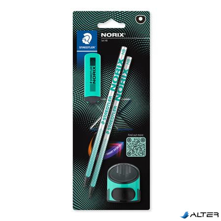 Grafitceruza készlet, hegyezővel, radírral, HB, STAEDTLER "Norix® 181", franciazöld