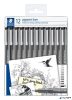 Tusfilc készlet, 12 különböző vonalvastagság, STAEDTLER 'Pigment Liner 308', fekete