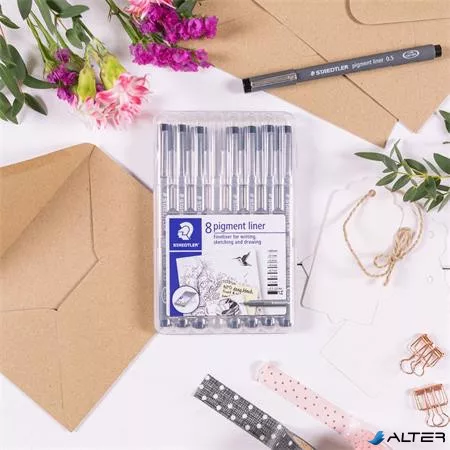 Tusfilc készlet, 8 különböző vonalvastagság, STAEDTLER 'Pigment liner 308', fekete