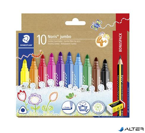 Filctoll készlet, grafitceruzával, radírral, 3 mm, háromszögletű, STAEDTLER "Noris® jumbo 328", 10+1 különböző szín