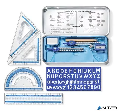 Matematikai készlet, fém dobozban, 10 darabos, vonalzóval, körzővel és kiegészítőkkel, STAEDTLER® "557 10"