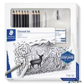   Grafit- és szénceruza készlet, kiegészítőkkel, 12 darabos, STAEDTLER "Mars® Lumograph® 100C"