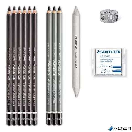 Grafit- és szénceruza készlet, kiegészítőkkel, 12 darabos, STAEDTLER "Mars® Lumograph® 100C"