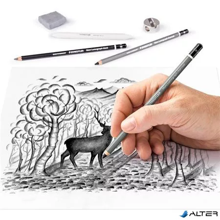 Grafit- és szénceruza készlet, kiegészítőkkel, 12 darabos, STAEDTLER "Mars® Lumograph® 100C"