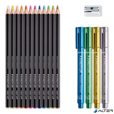 Színes ceruza készlet, hatszögletű, hegyezővel, dekormarkerrel, STAEDTLER '149 C', 12 különböző