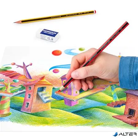Színes ceruza készlet, hatszögletű, ajándék grafitceruzával és radírral, STAEDTLER "Noris 185", 12 különböző szín