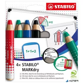   Táblaceruza készlet, fehértáblához, flipchartpapírhoz kúpos, STABILO "MARKdry", 4 féle szín törlővel és hegyezővel