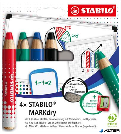 Táblaceruza készlet, fehértáblához, flipchartpapírhoz kúpos, STABILO "MARKdry", 4 féle szín törlővel és hegyezővel