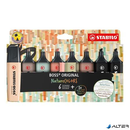 Szövegkiemelő készlet, 2-5 mm, STABILO "BOSS original NatureColors", 6 különböző szín + 2 fekete