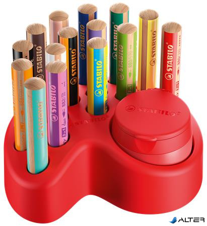 Színes ceruza készlet asztali tartóban, kerek, vastag, STABILO 'Woody 3 in 1', 15 különböző szín, hegyezővel