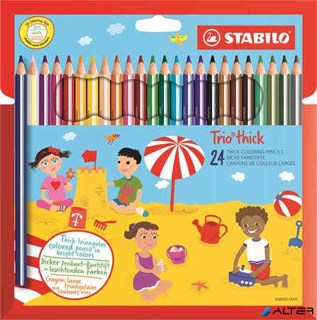 Színes ceruza készlet, vastag, háromszögletű, hegyezővel, STABILO 'Trio thick', 24 különböző szín