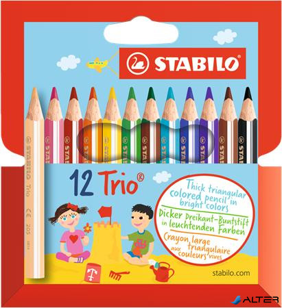 Színes ceruza készlet, háromszögletű, vastag, rövid, STABILO 'Trio', 12 különböző szín