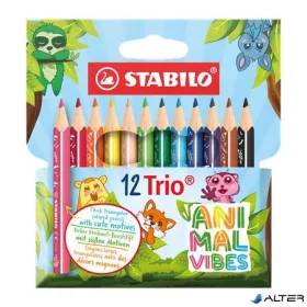   Színes ceruza készlet, háromszögletű, vastag, STABILO 'Trio Thick Short Animal Vibes', 12 különböző szín