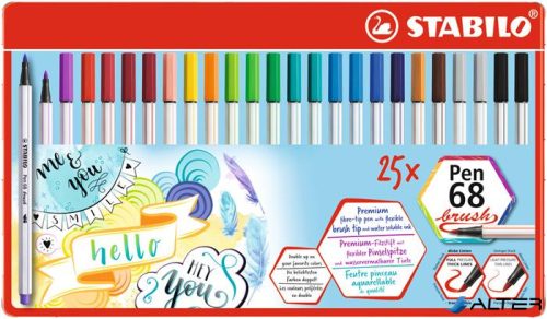 Ecsetirón készlet, fém doboz, STABILO "Pen 68 brush", 19 különböző szín