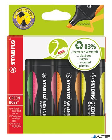 Szövegkiemelő készlet, 2-5 mm, STABILO "Green Boss", 4 különböző szín