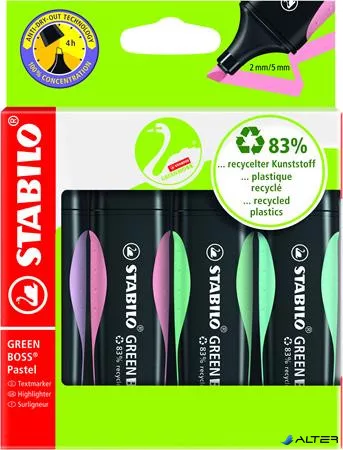Szövegkiemelő készlet, 2-5 mm, STABILO 'Green Boss Pastel', 4 különböző szín