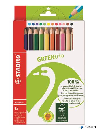 Színes ceruza készlet, háromszögletű, vastag, STABILO 'GreenTrio', 12 különböző szín