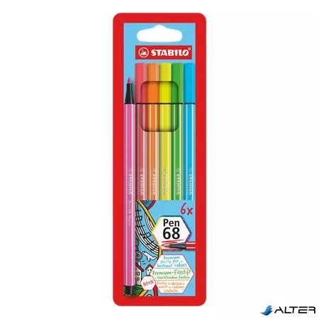 Filctoll készlet, 1 mm, STABILO "Pen 68", 6 neon szín