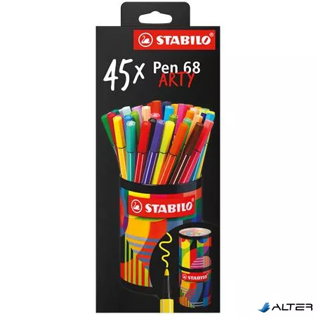 Filctoll készlet, hengeres fém doboz, 1 mm, STABILO "Pen 68 ARTY", 45 különböző szín