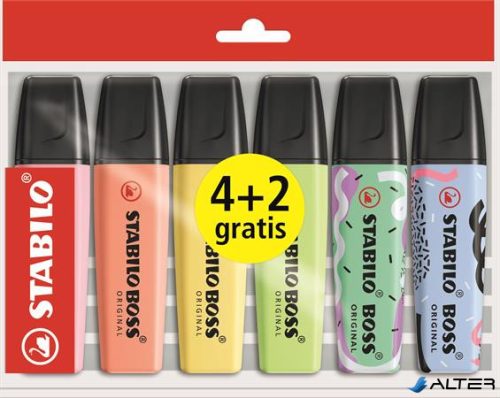 Szövegkiemelő készlet, 2-5 mm, STABILO "Boss Original", 4+2 különböző pasztell szín