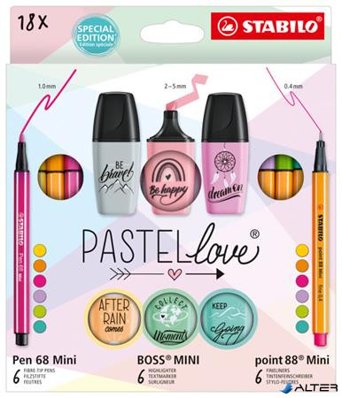 Írószer szett, STABILO, "Mini World Pastellove", 18 különböző szín