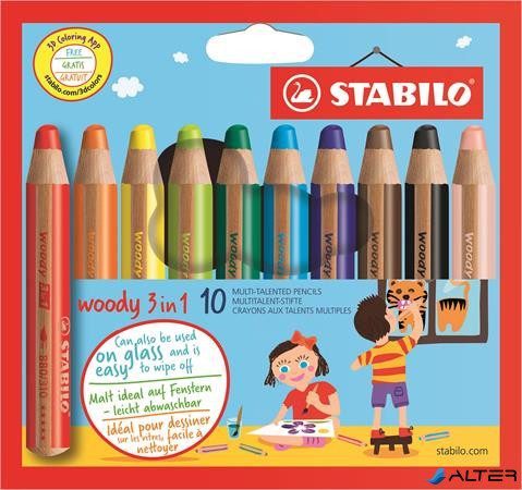 Színes ceruza készlet, kerek, vastag, STABILO "Woody 3 in 1", 10 különböző szín