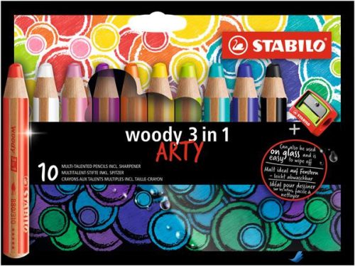 Színes ceruza készlet, kerek, vastag, STABILO 'Woody ARTY 3 in 1', 10 különböző szín