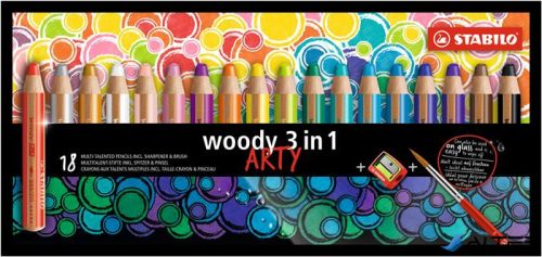 Színes ceruza készlet, kerek, vastag, STABILO 'Woody ARTY 3 in 1', 18 különböző szín