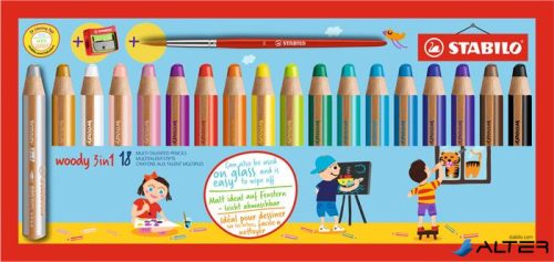 Színes ceruza készlet, kerek, vastag, STABILO 'Woody 3 in 1', 18 különböző szín