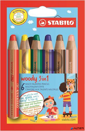 Színes ceruza készlet, kerek, vastag, STABILO "Woody 3 in 1", 6 különböző szín