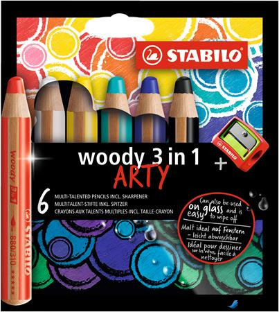 Színes ceruza készlet, kerek, vastag, STABILO 'Woody ARTY 3 in 1', 6 különböző szín