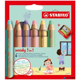   Színes ceruza készlet, kerek, vastag, STABILO 'Woody 3 in 1 Pastel', 6 különböző pasztell szín