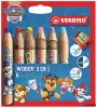 Színesceruza készlet, kerek, vastag, hegyezővel, STABILO "Woody 3 in 1", Mancs őrjárat, 6 különböző szín