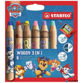   Színesceruza készlet, kerek, vastag, hegyezővel, STABILO "Woody 3 in 1", Mancs őrjárat, 6 különböző szín