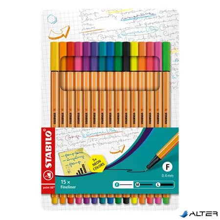 Tűfilc készlet, 0,4 mm, STABILO "Point 88", 10+5 különböző szín